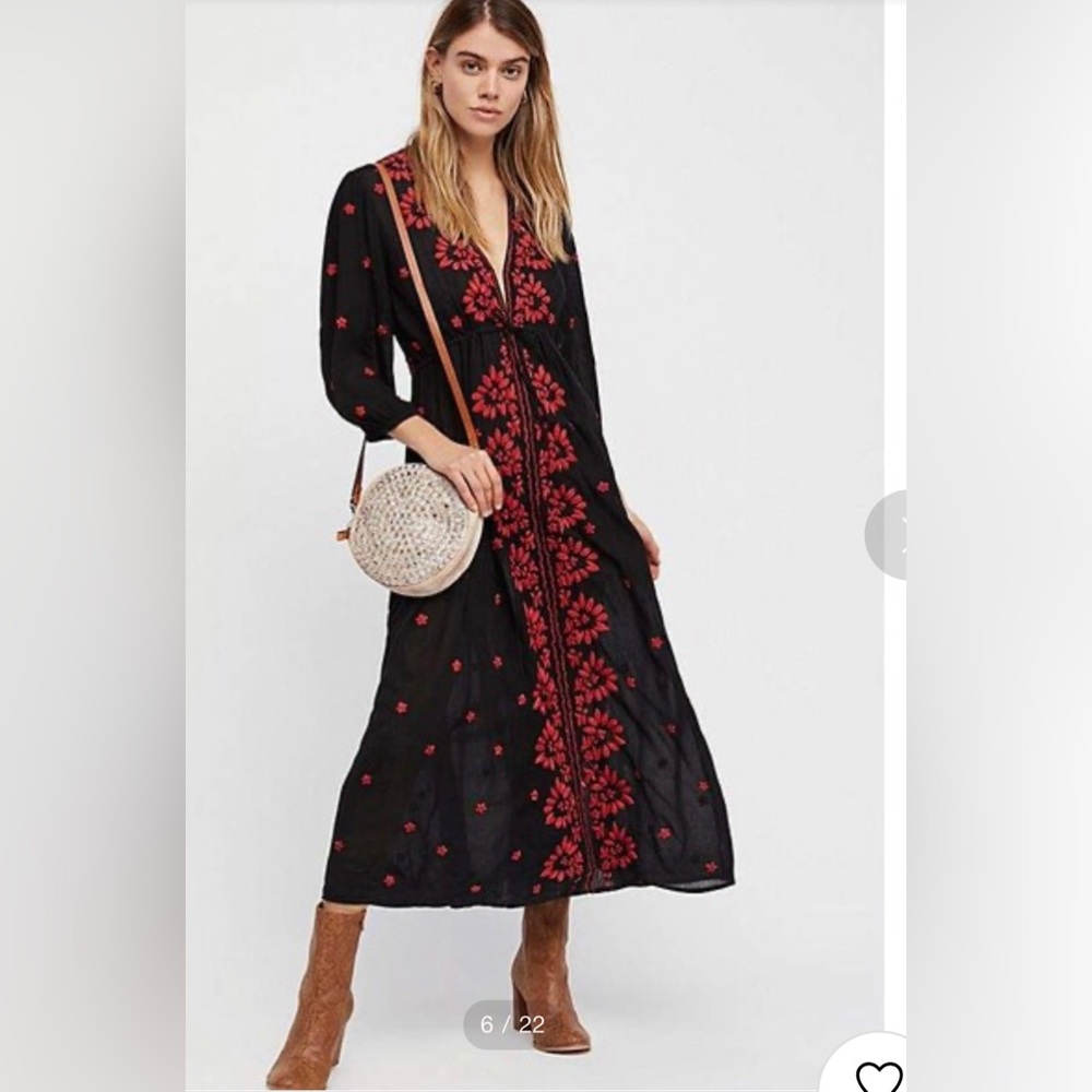 Free People Black + Red Embroidered Fable Midi Dress | XS